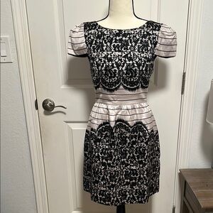 Tibi Black and White Sheath Dress with Puff Cap Sleeves